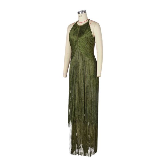 🌿 STUNNING Olive Green Fringe Halter Gown - Flowy Sleeveless Maxi Dress! - Picture 3 of 11